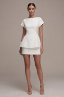 Load image into Gallery viewer, White Short Sleeves 2 Piece Bateau Neck Graduation Dress