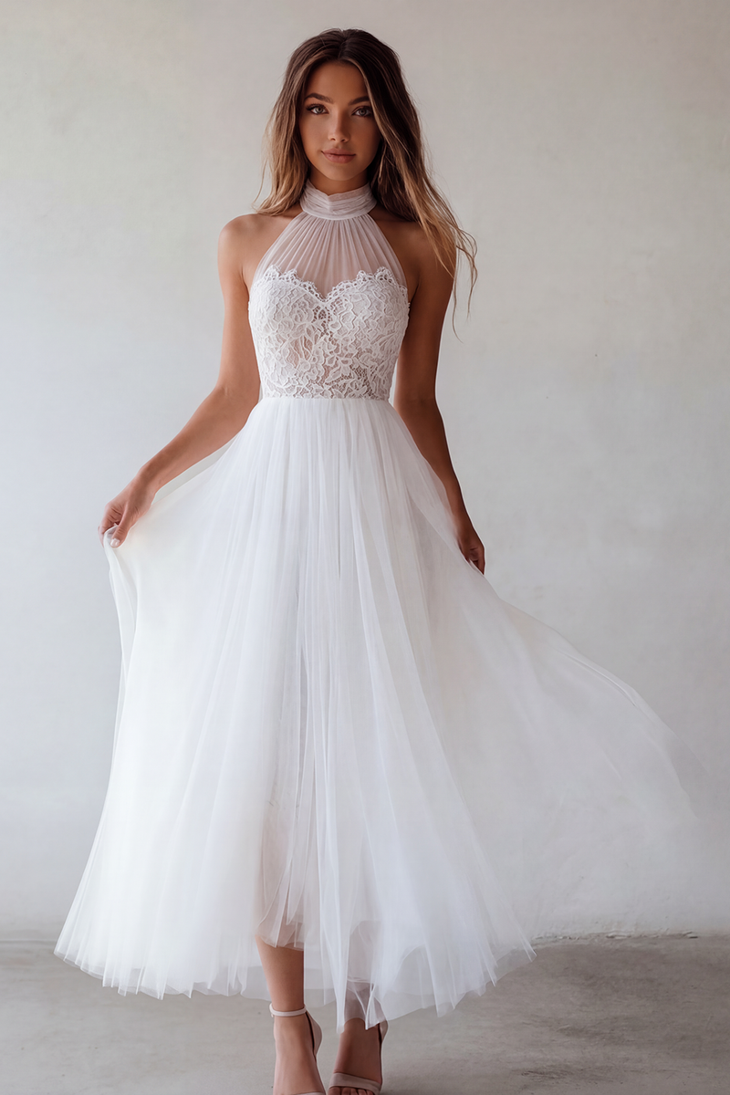 Load image into Gallery viewer, White A Line Floral Maxi Beach Wedding Dress with Lace