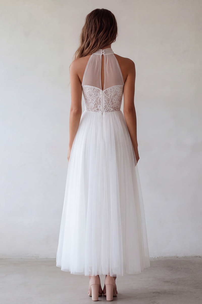 Load image into Gallery viewer, White A Line Floral Maxi Beach Wedding Dress with Lace