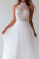 Load image into Gallery viewer, White A Line Floral Maxi Beach Wedding Dress with Lace