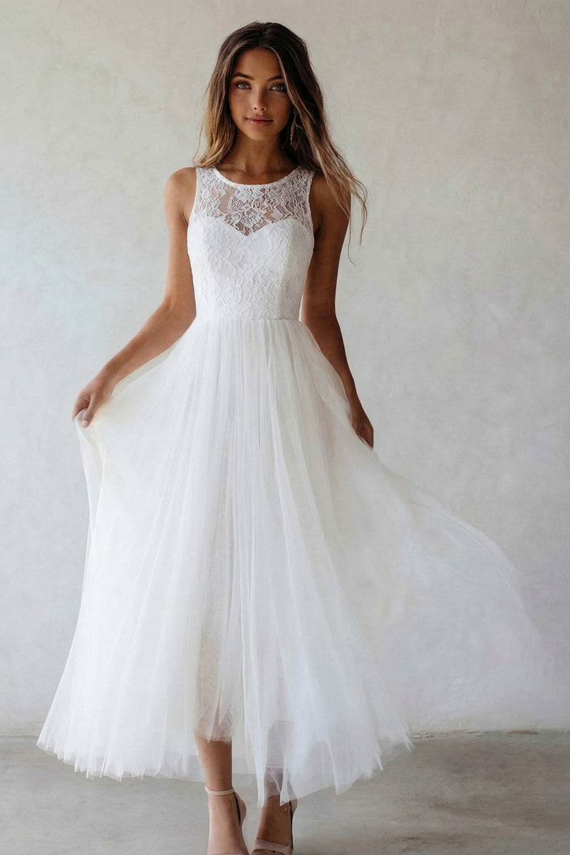 Load image into Gallery viewer, White A Line Floral Lace Maxi Boho Wedding Dress