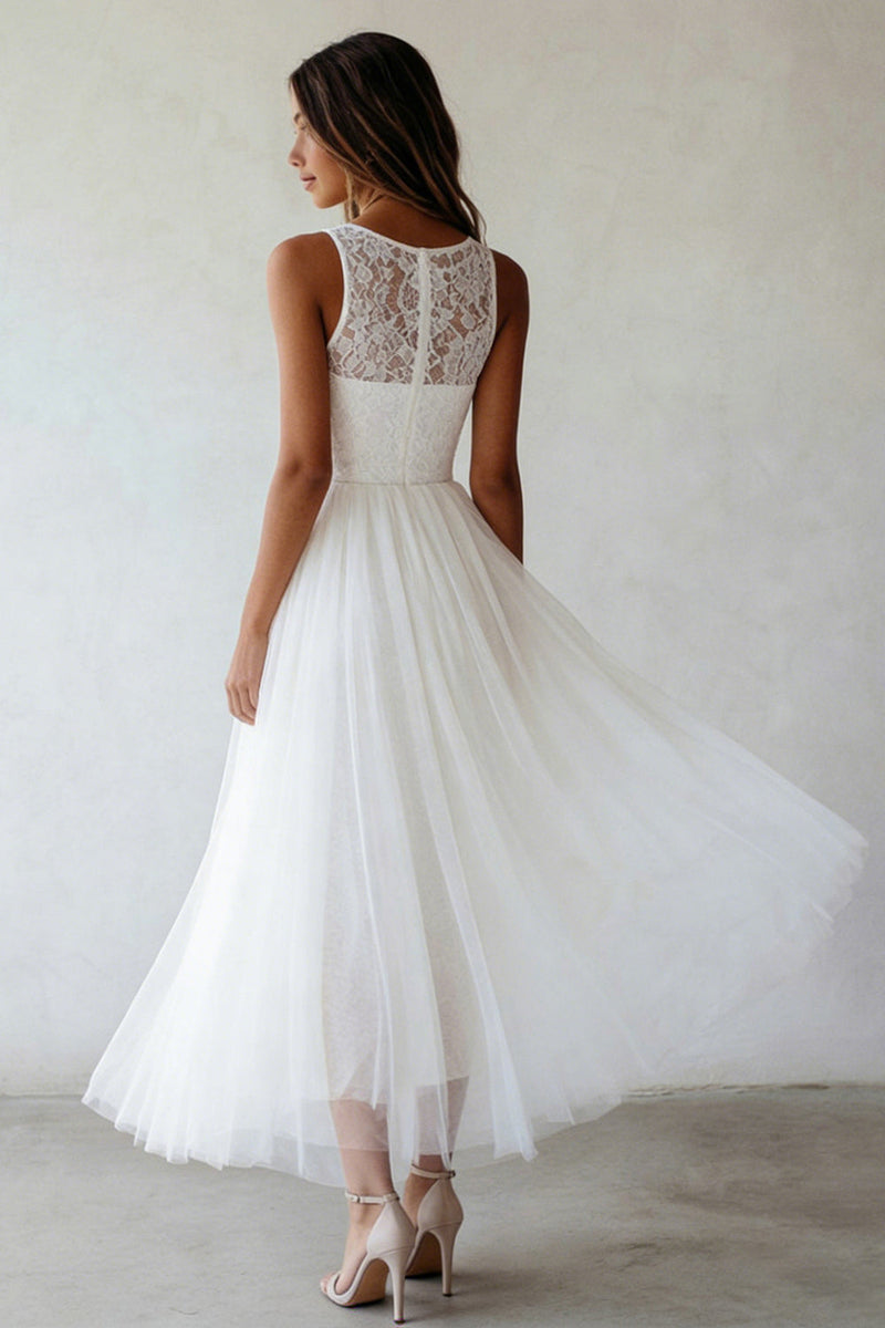 Load image into Gallery viewer, White A Line Floral Lace Maxi Boho Wedding Dress