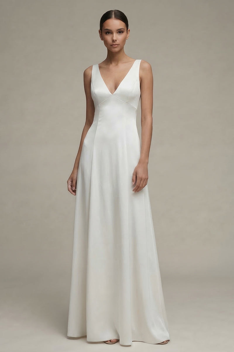 Load image into Gallery viewer, White Simple A Line V-Neck Maxi Beach Wedding Dress