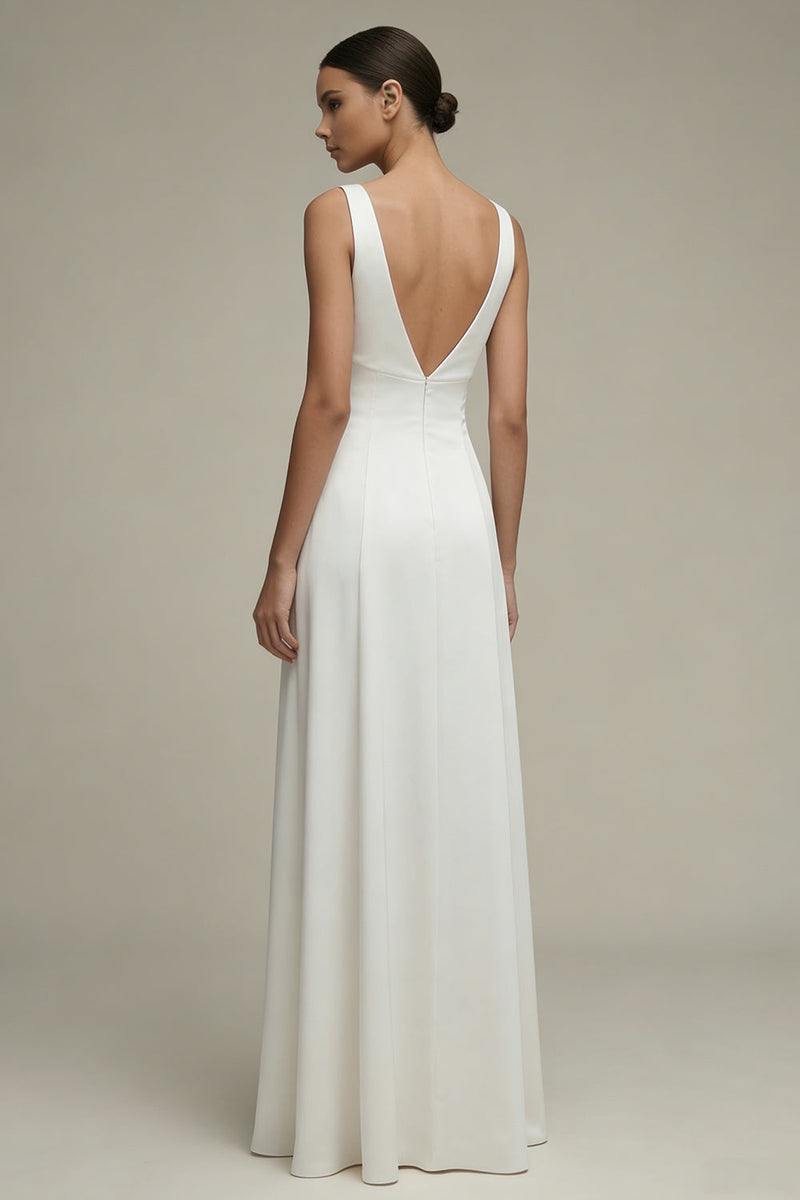 Load image into Gallery viewer, White Simple A Line V-Neck Maxi Beach Wedding Dress