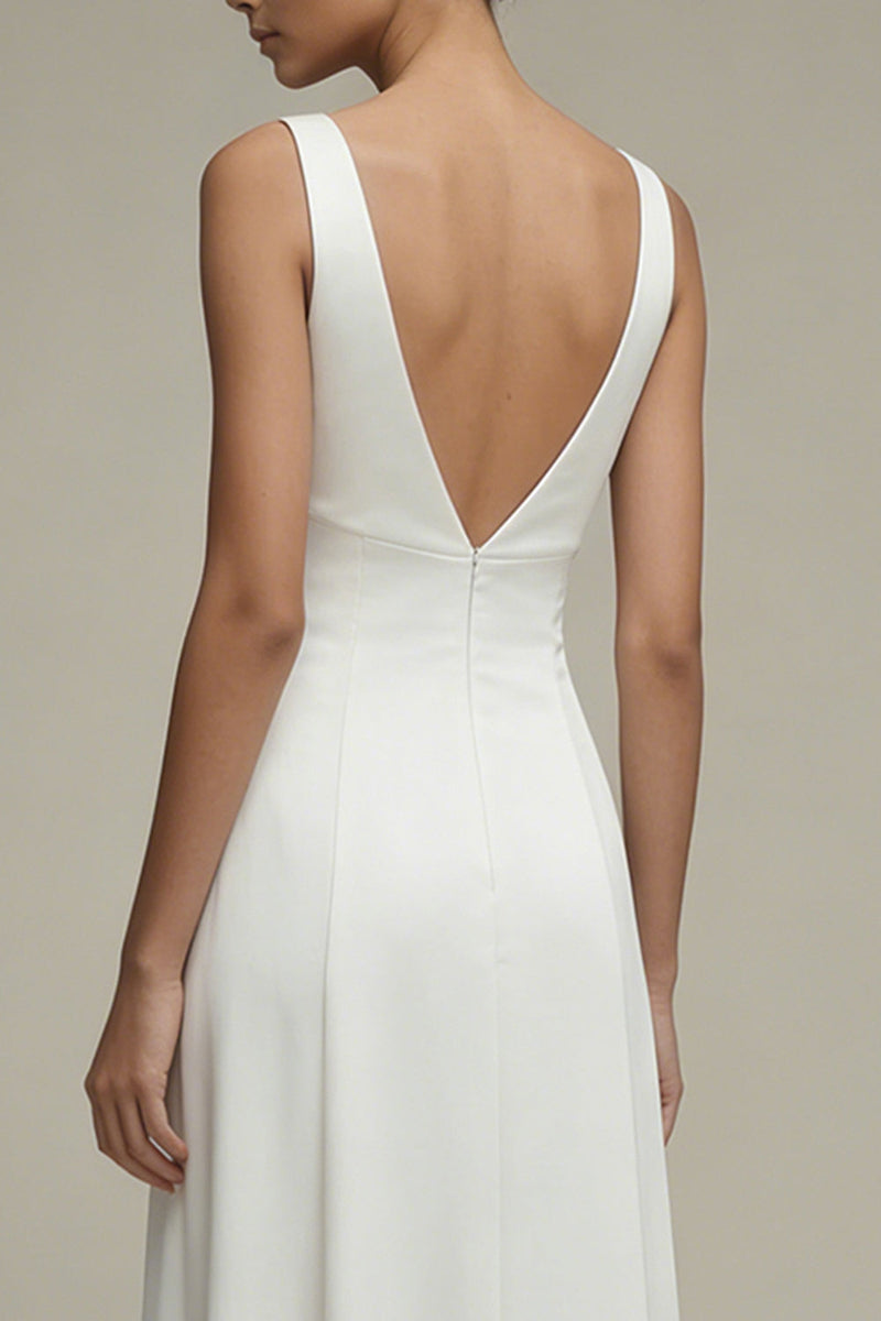Load image into Gallery viewer, White Simple A Line V-Neck Maxi Beach Wedding Dress