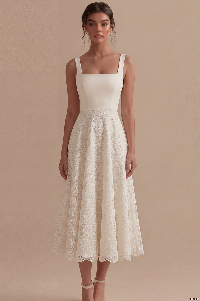 Load image into Gallery viewer, Square Neck Ivory Floral Maxi A Line Boho Lace Wedding Dress