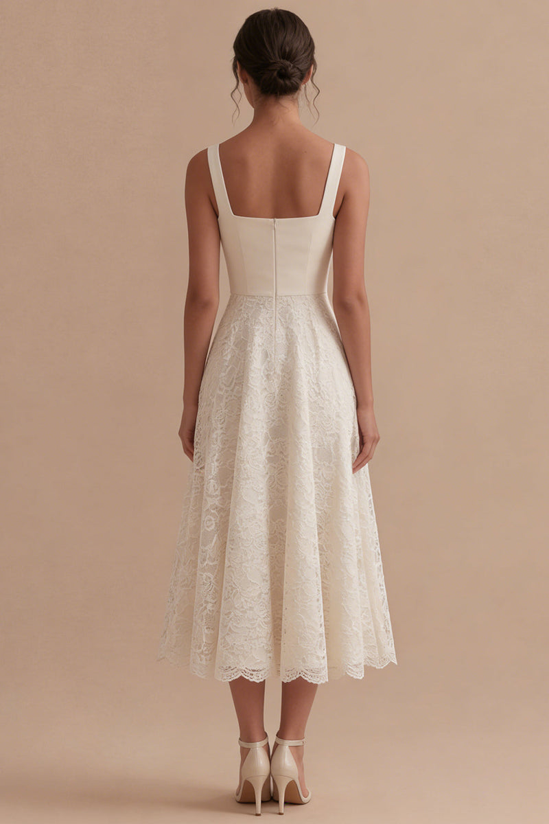 Load image into Gallery viewer, Square Neck Ivory Floral Maxi A Line Boho Lace Wedding Dress