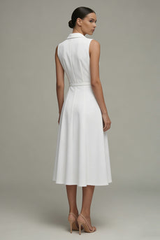 Simple Midi White A Line Shawl Lapel Work Dress