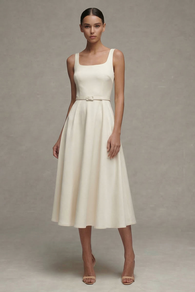 Load image into Gallery viewer, Simple Ivory A Line Maxi Square Neck Beach Wedding Dress with Belt