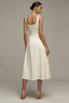 Simple Ivory A Line Maxi Square Neck Beach Wedding Dress with Belt