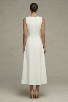 White Simple A Line Round Neck Maxi Beach Wedding Dress