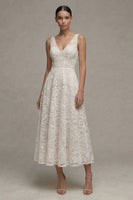 Load image into Gallery viewer, Lace Floral V-Neck Ivory A Line Maxi Boho Wedding Dress