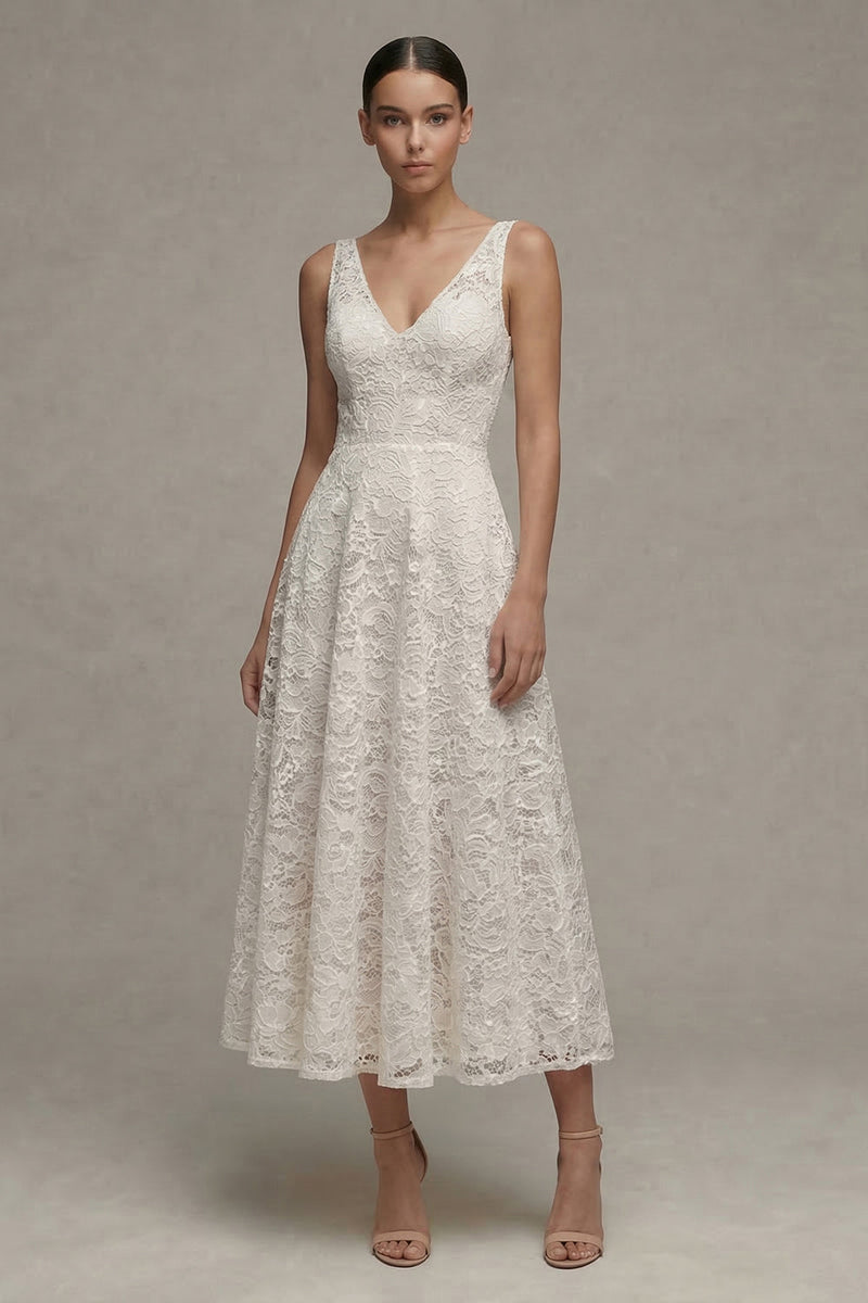 Load image into Gallery viewer, Lace Floral V-Neck Ivory A Line Maxi Boho Wedding Dress