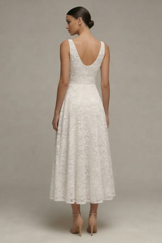 Lace Floral V-Neck Ivory A Line Maxi Boho Wedding Dress
