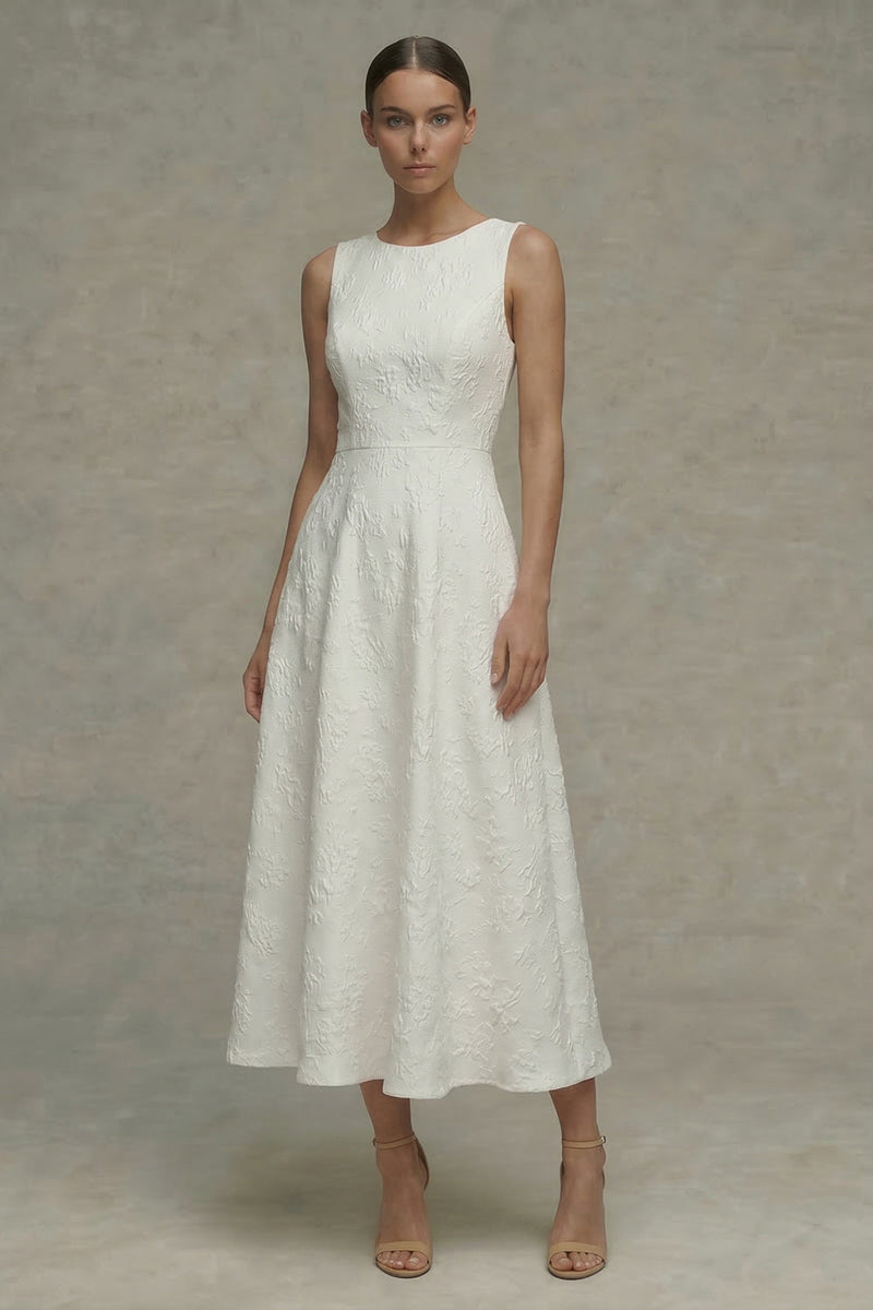 Load image into Gallery viewer, Floral White Round Neck Maxi A Line Boho Wedding Dress