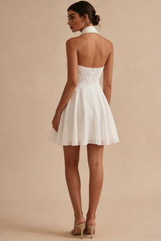 A Line Halter Neck White Short Graduation Dress with Lace