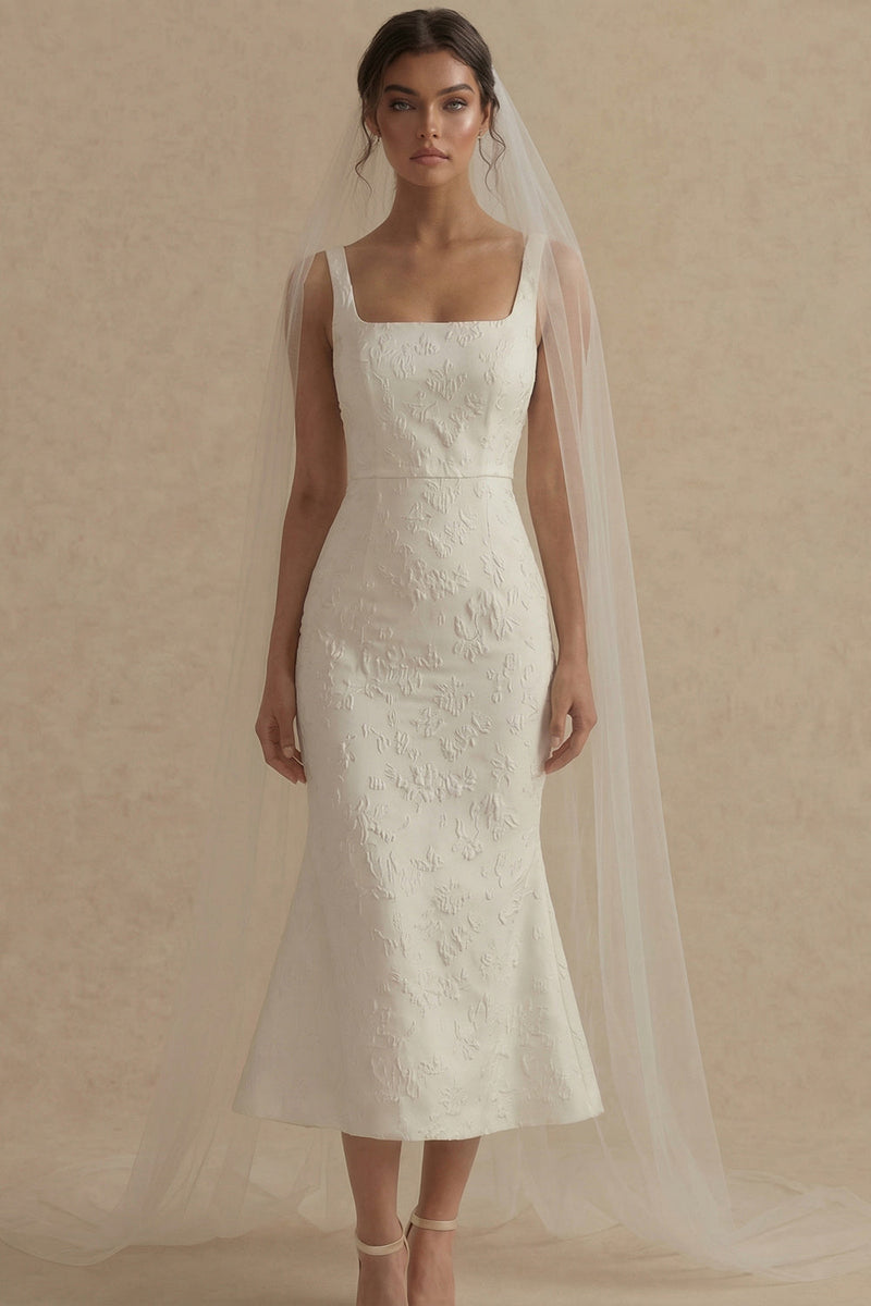 Load image into Gallery viewer, Mermaid Floral White Square Neck Maxi Beach Wedding Dress