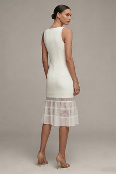 Bateau Neck Midi Bodycon White Graduation Dress