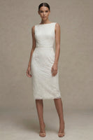 Load image into Gallery viewer, Bodycon Bateau Neck Floral Midi White Boho Wedding Dress