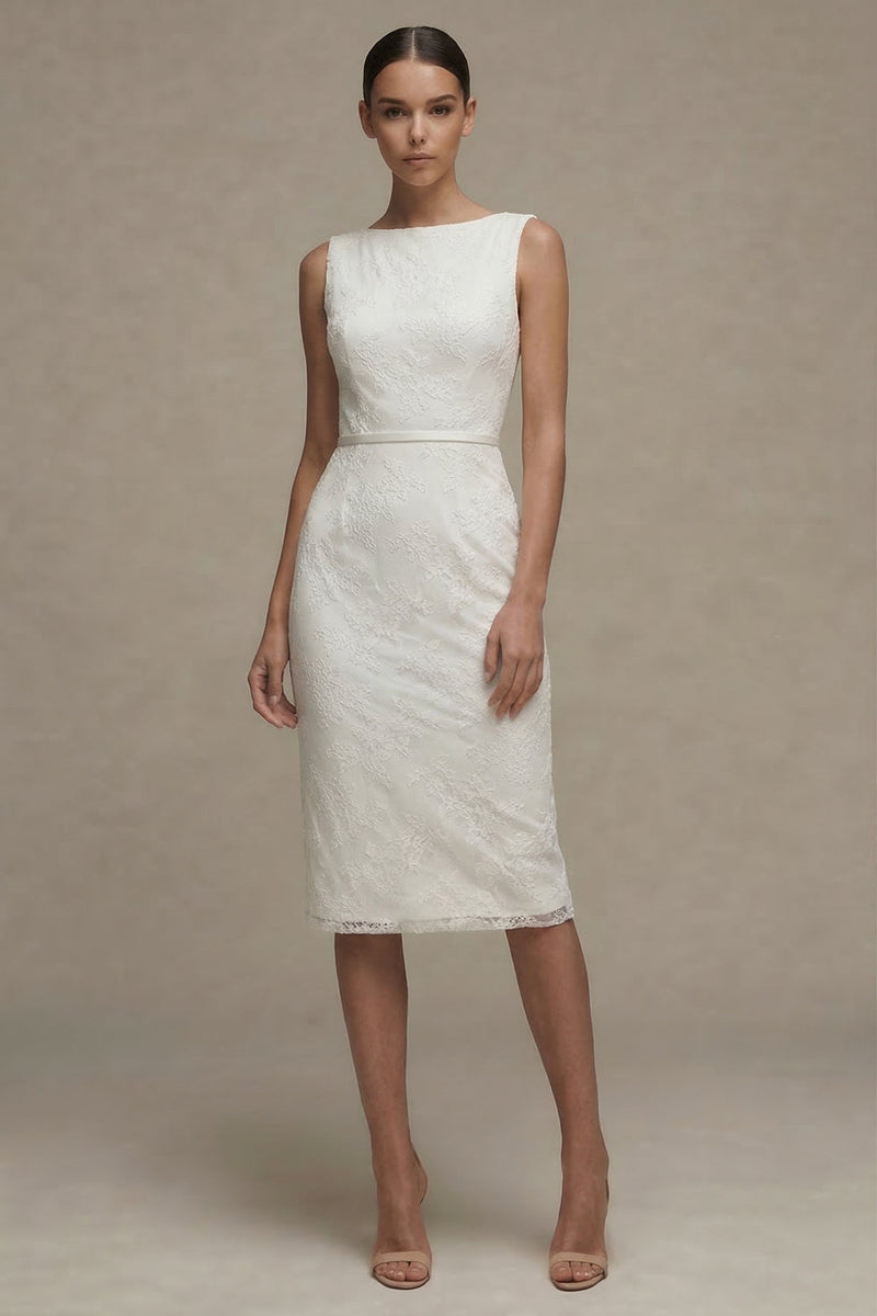 Load image into Gallery viewer, Bodycon Bateau Neck Floral Midi White Boho Wedding Dress