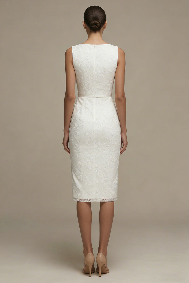 Load image into Gallery viewer, Bodycon Bateau Neck Floral Midi White Boho Wedding Dress