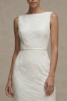 Load image into Gallery viewer, Bodycon Bateau Neck Floral Midi White Boho Wedding Dress