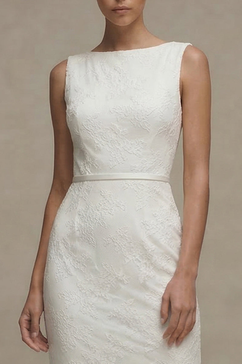 Load image into Gallery viewer, Bodycon Bateau Neck Floral Midi White Boho Wedding Dress