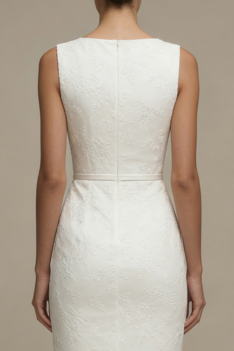 Load image into Gallery viewer, Bodycon Bateau Neck Floral Midi White Boho Wedding Dress