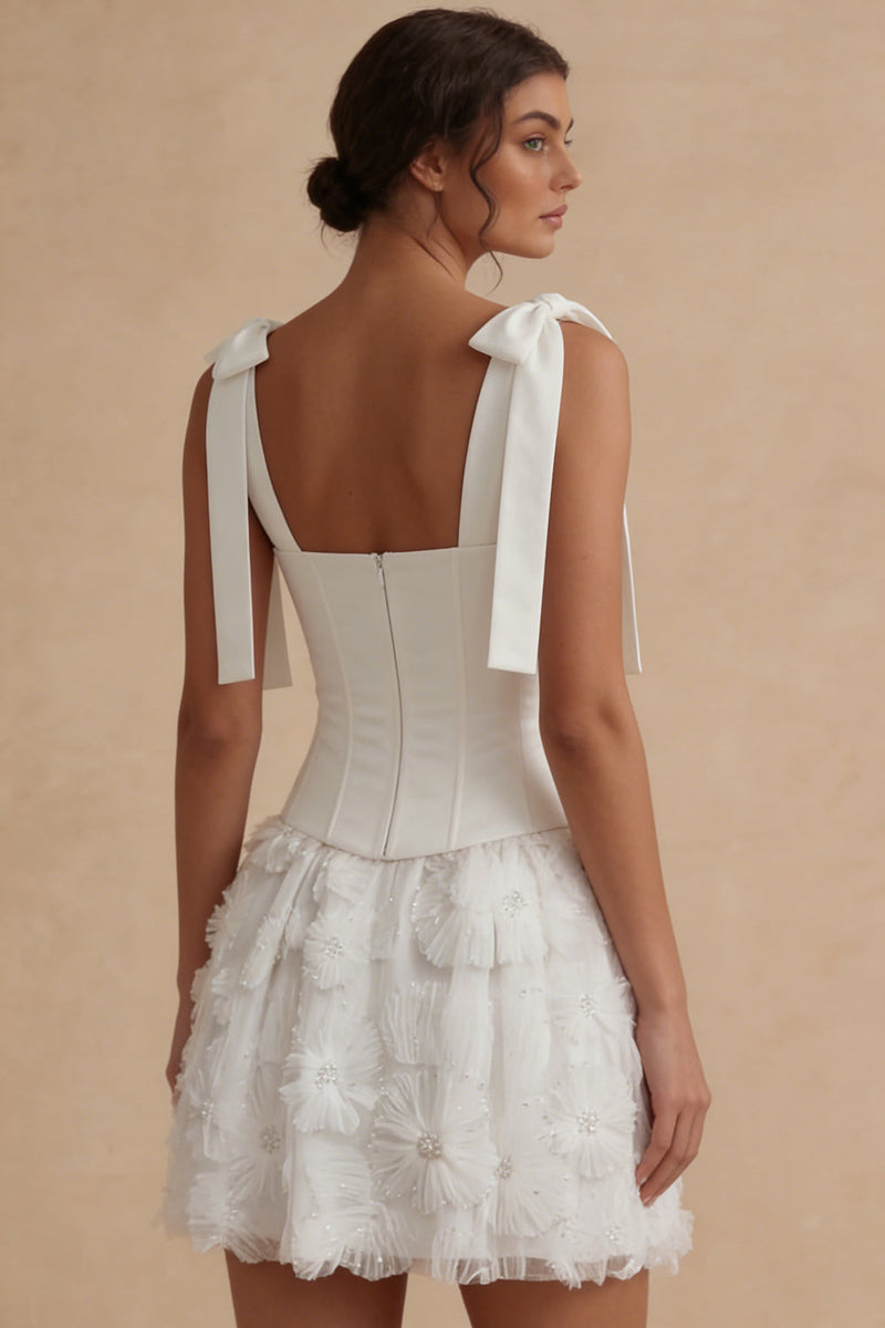 Load image into Gallery viewer, Corset Beaded A Line Floral White Short Wedding Dress with Bow