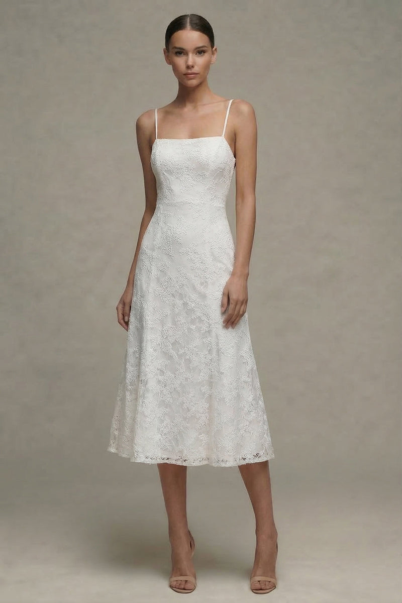 Load image into Gallery viewer, White A Line Floral Spaghetti Straps Midi Boho Wedding Dress