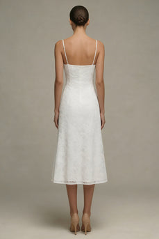 White A Line Floral Spaghetti Straps Midi Boho Wedding Dress