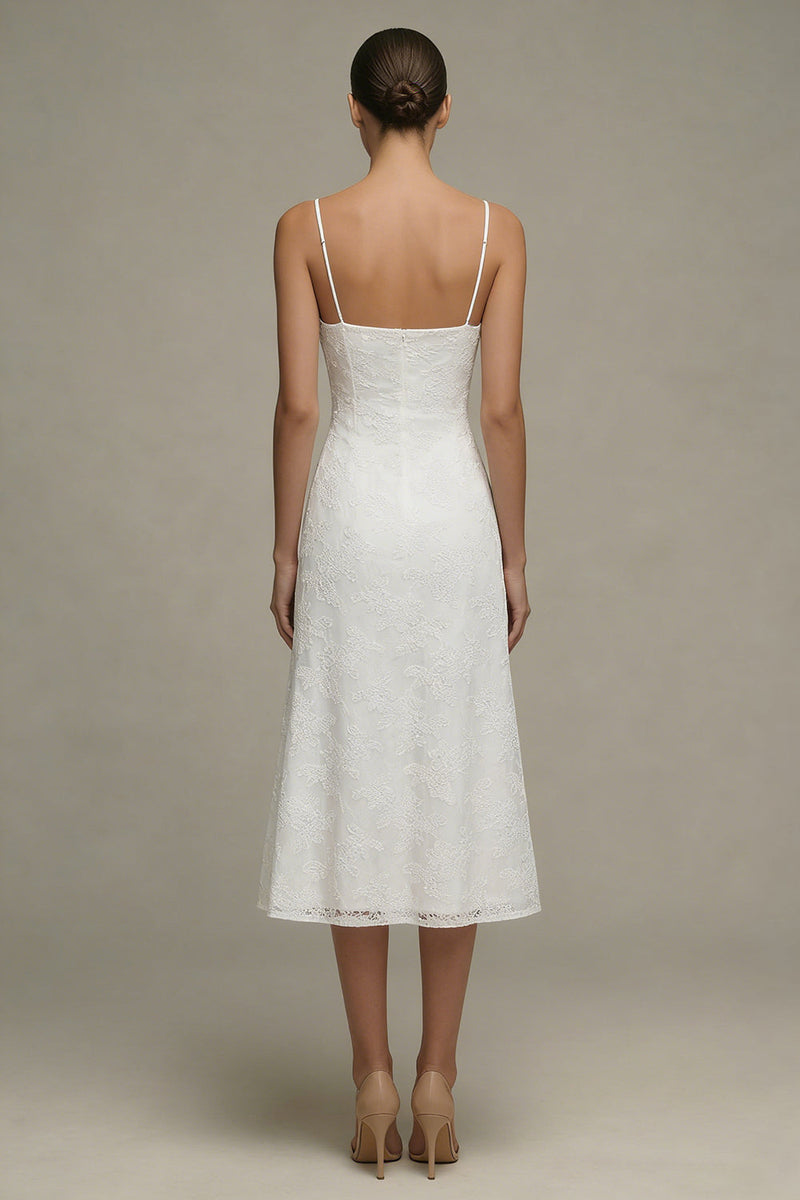Load image into Gallery viewer, White A Line Floral Spaghetti Straps Midi Boho Wedding Dress