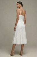 Load image into Gallery viewer, White A Line Floral Spaghetti Straps Midi Boho Wedding Dress