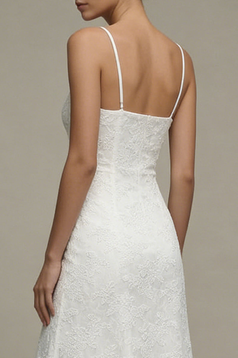 Load image into Gallery viewer, White A Line Floral Spaghetti Straps Midi Boho Wedding Dress