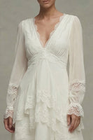 Load image into Gallery viewer, White A Line V-Neck Ruffled Asymmetrical Beach Wedding Dress with Lace