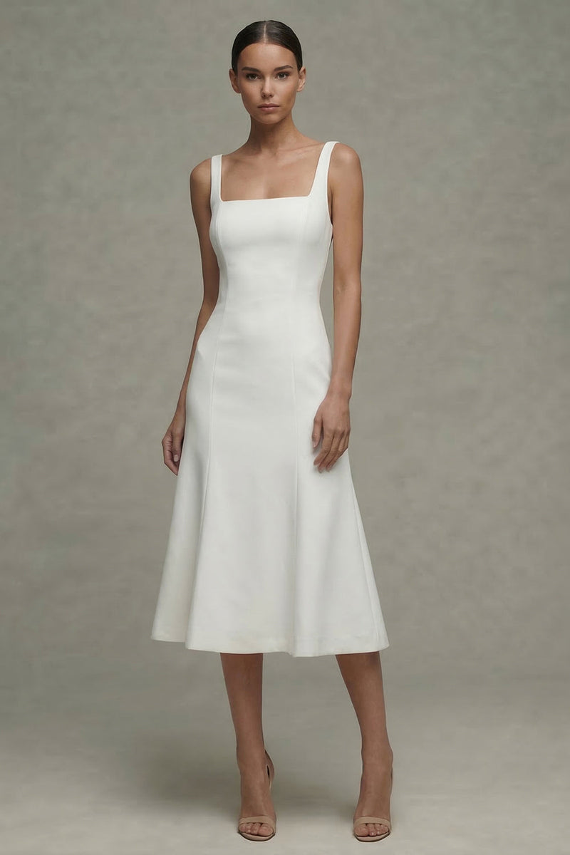 Load image into Gallery viewer, Square Neck Midi A Line White Beach Wedding Dress