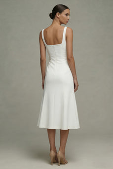 Square Neck Midi A Line White Beach Wedding Dress