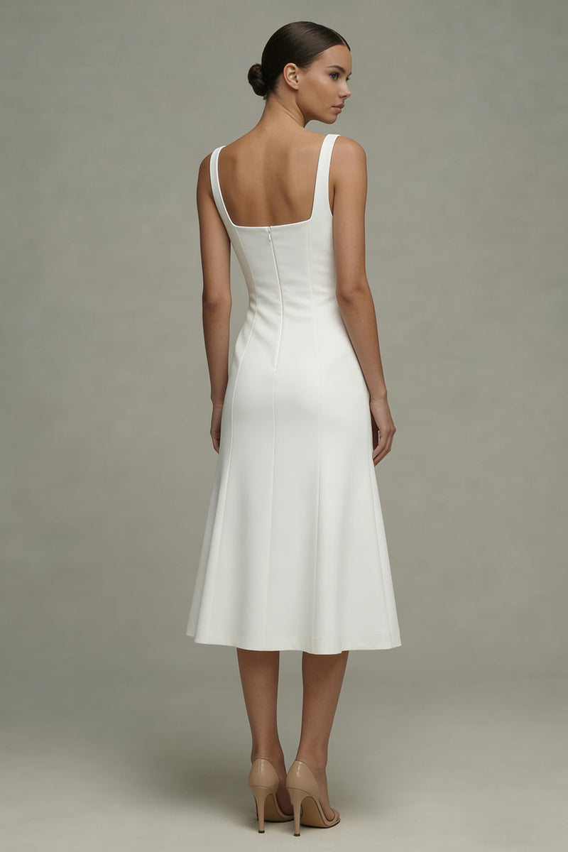 Load image into Gallery viewer, Square Neck Midi A Line White Beach Wedding Dress