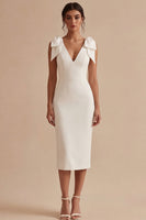 Load image into Gallery viewer, White Bodycon Midi V-Neck Beach Wedding Dress with Bow