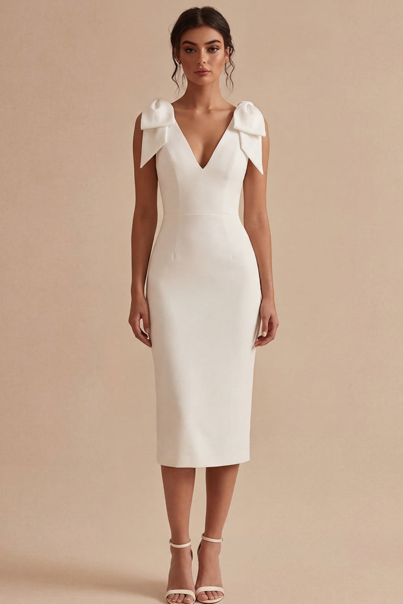 Load image into Gallery viewer, White Bodycon Midi V-Neck Beach Wedding Dress with Bow