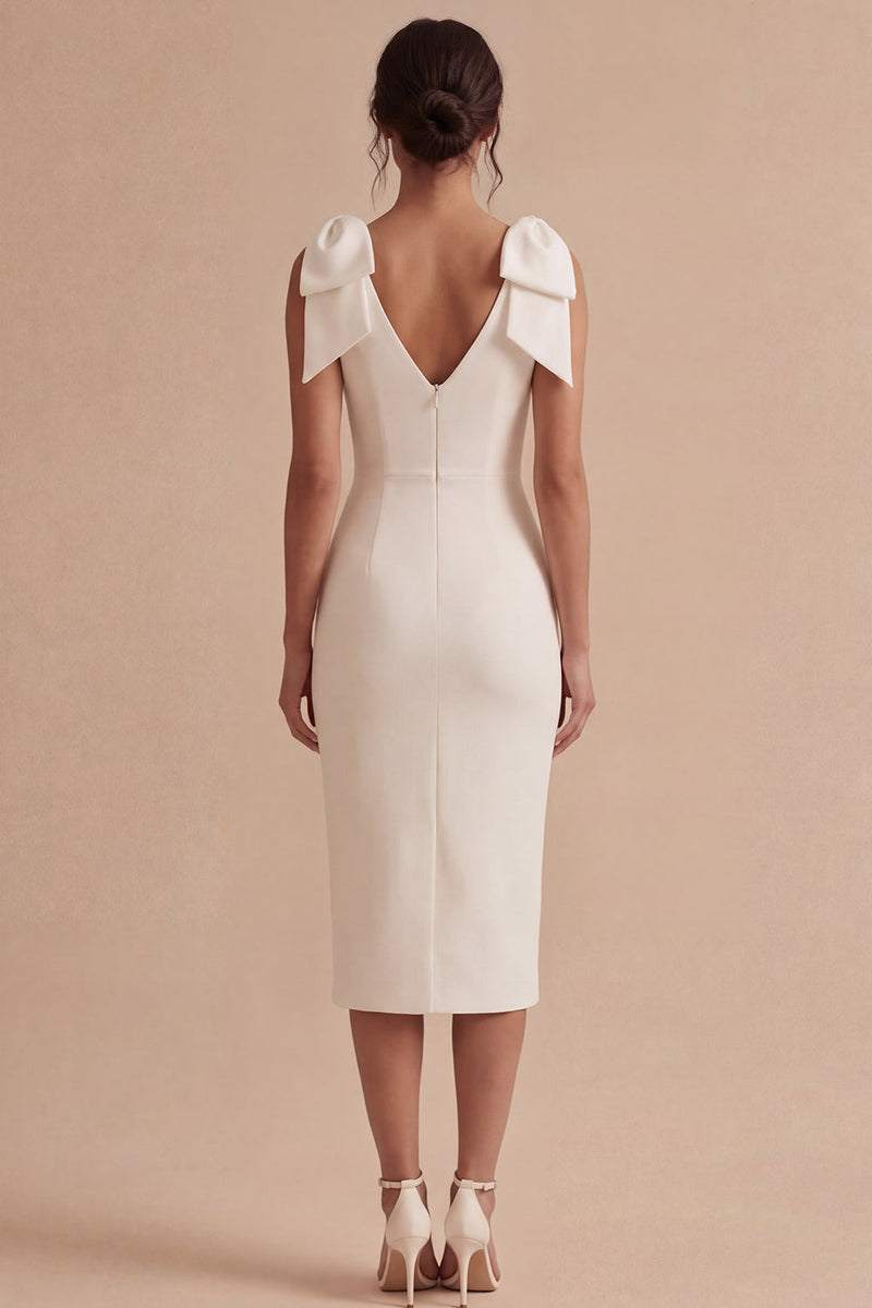 Load image into Gallery viewer, White Bodycon Midi V-Neck Beach Wedding Dress with Bow