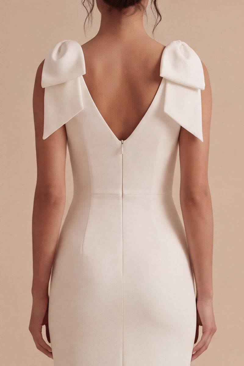 Load image into Gallery viewer, White Bodycon Midi V-Neck Beach Wedding Dress with Bow