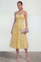Load image into Gallery viewer, Floral Sweetheart Ruched Lace Butter Yellow A Line Maxi Formal Dress