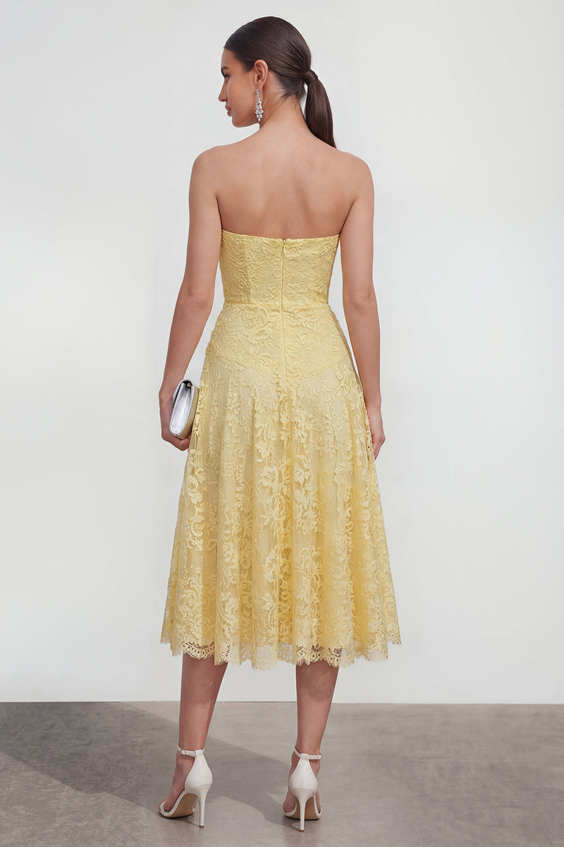 Load image into Gallery viewer, Floral Sweetheart Ruched Lace Butter Yellow A Line Maxi Formal Dress
