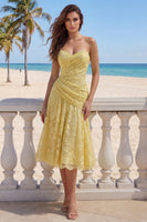 Load image into Gallery viewer, Floral Sweetheart Ruched Lace Butter Yellow A Line Maxi Formal Dress
