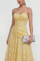 Load image into Gallery viewer, Floral Sweetheart Ruched Lace Butter Yellow A Line Maxi Formal Dress