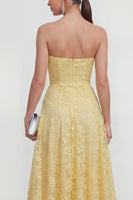 Load image into Gallery viewer, Floral Sweetheart Ruched Lace Butter Yellow A Line Maxi Formal Dress