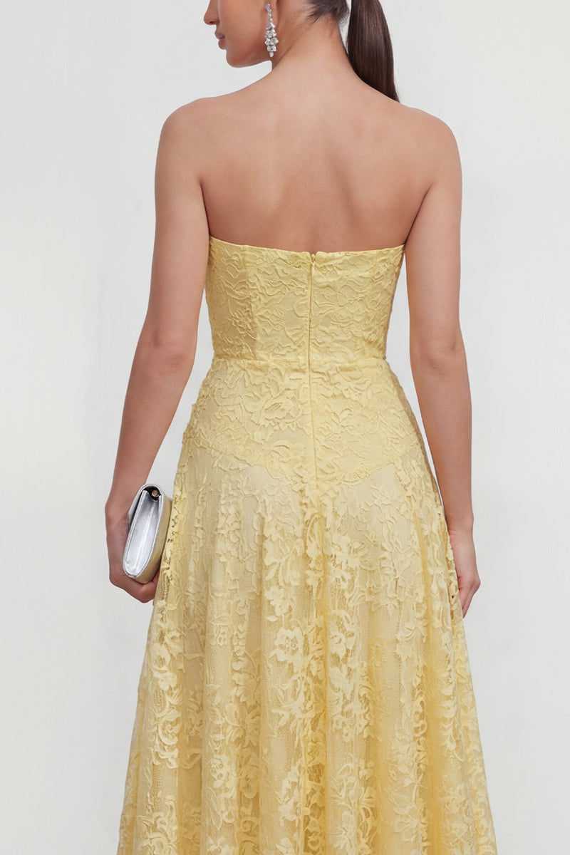 Load image into Gallery viewer, Floral Sweetheart Ruched Lace Butter Yellow A Line Maxi Formal Dress