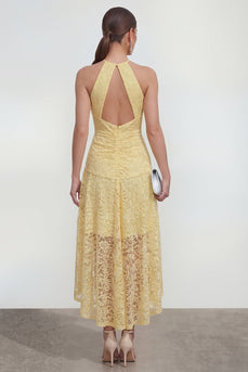 Halter Keyhole Ruched Floral High Low Lace Butter Yellow A Line Formal Dress