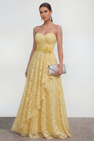 Load image into Gallery viewer, Ruffled Lace Butter Yellow Maxi A Line Formal Dress with 3D Flower